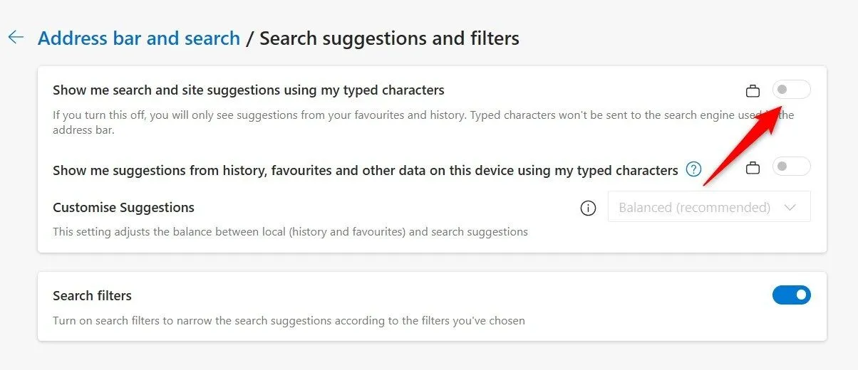 Cách tắt tính năng gợi ý tìm kiếm trong cài đặt Microsoft Edge để có trải nghiệm duyệt web gọn gàng hơn