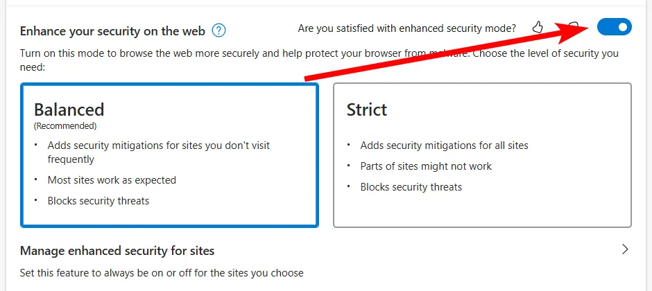 Cài đặt chế độ bảo mật nâng cao trong Microsoft Edge với tùy chọn "Cân bằng" được bật.