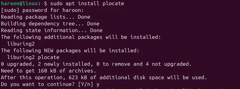 Cài đặt công cụ dòng lệnh plocate trong Ubuntu bằng trình quản lý APT.