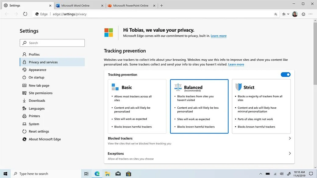 Cài đặt quyền riêng tư trên trình duyệt Microsoft Edge Chromium với các tùy chọn ngăn chặn theo dõi cơ bản, cân bằng và nghiêm ngặt.