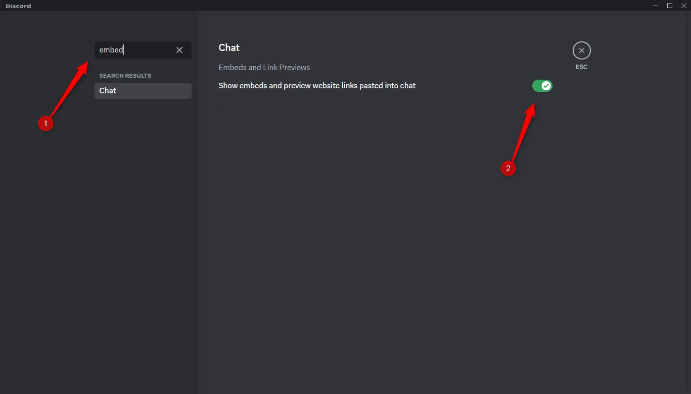 Cài đặt &quot;Show embeds and preview website links pasted into chat&quot; trong mục Văn bản &amp; Hình ảnh của Discord, tùy chọn quan trọng để hiển thị video nhúng.