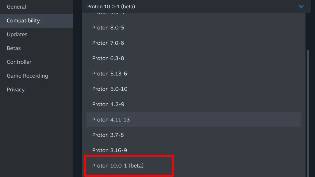 Cài đặt tương thích Proton 10.0-1 (beta) trên Steam, hiển thị các phiên bản Proton khả dụng