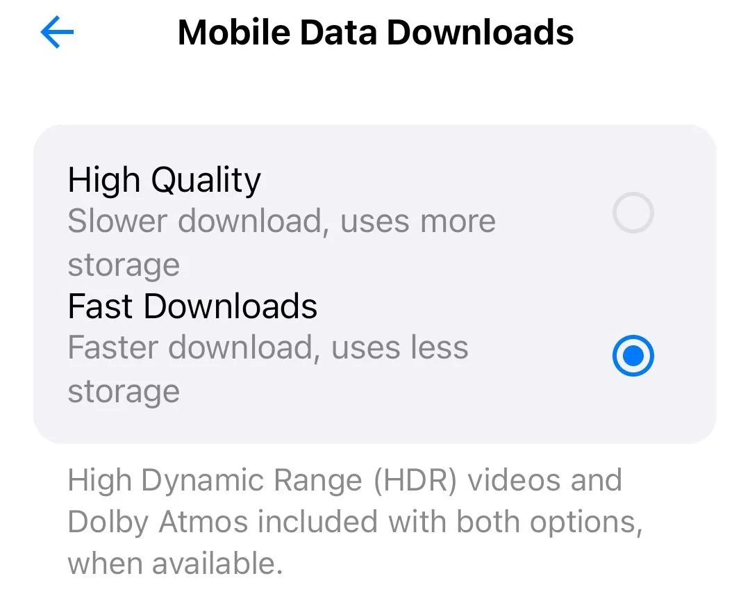 Cài đặt tùy chọn chất lượng tải xuống trong ứng dụng Apple TV+ trên điện thoại Android, cho thấy các lựa chọn Chất lượng cao và Tải xuống nhanh.