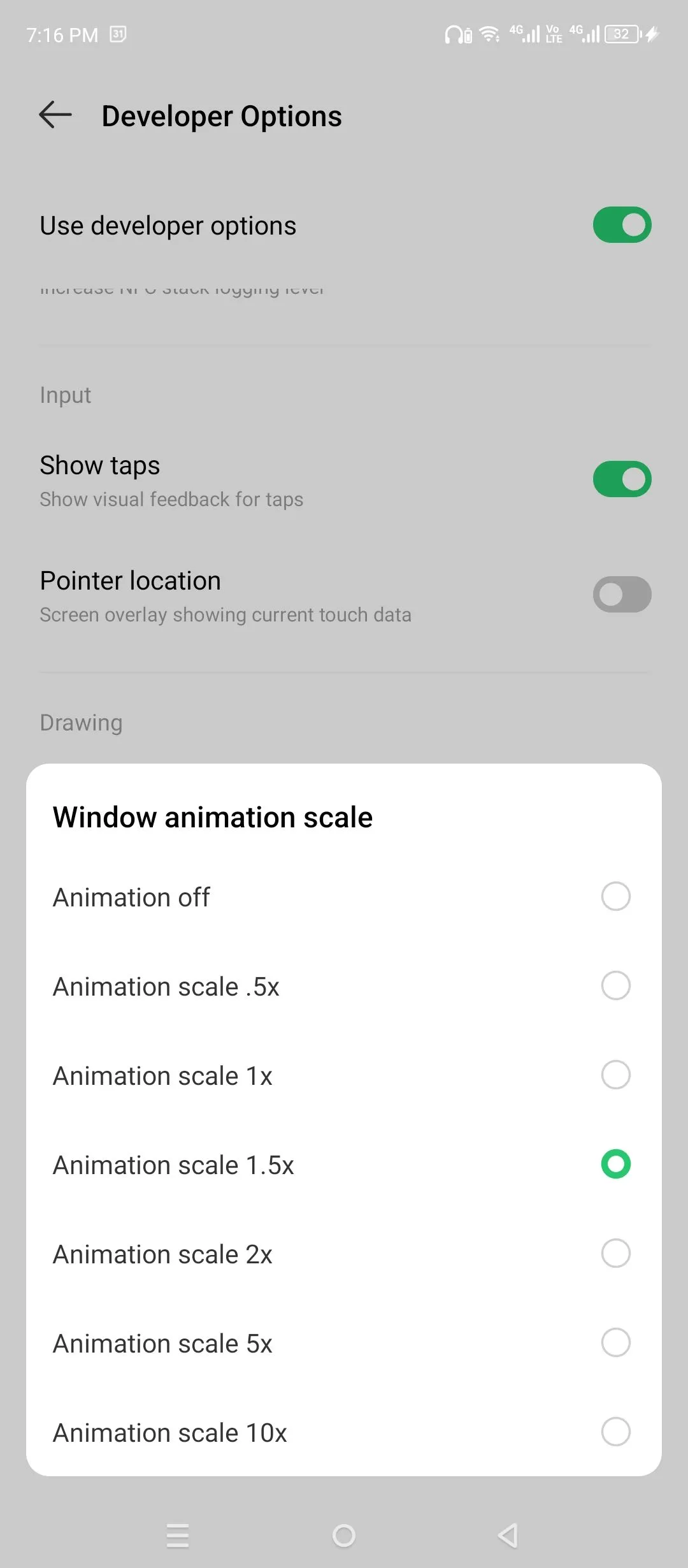 Cài đặt tỷ lệ ảnh động cửa sổ, chuyển đổi và bộ tạo ảnh động trong Developer Options Android.