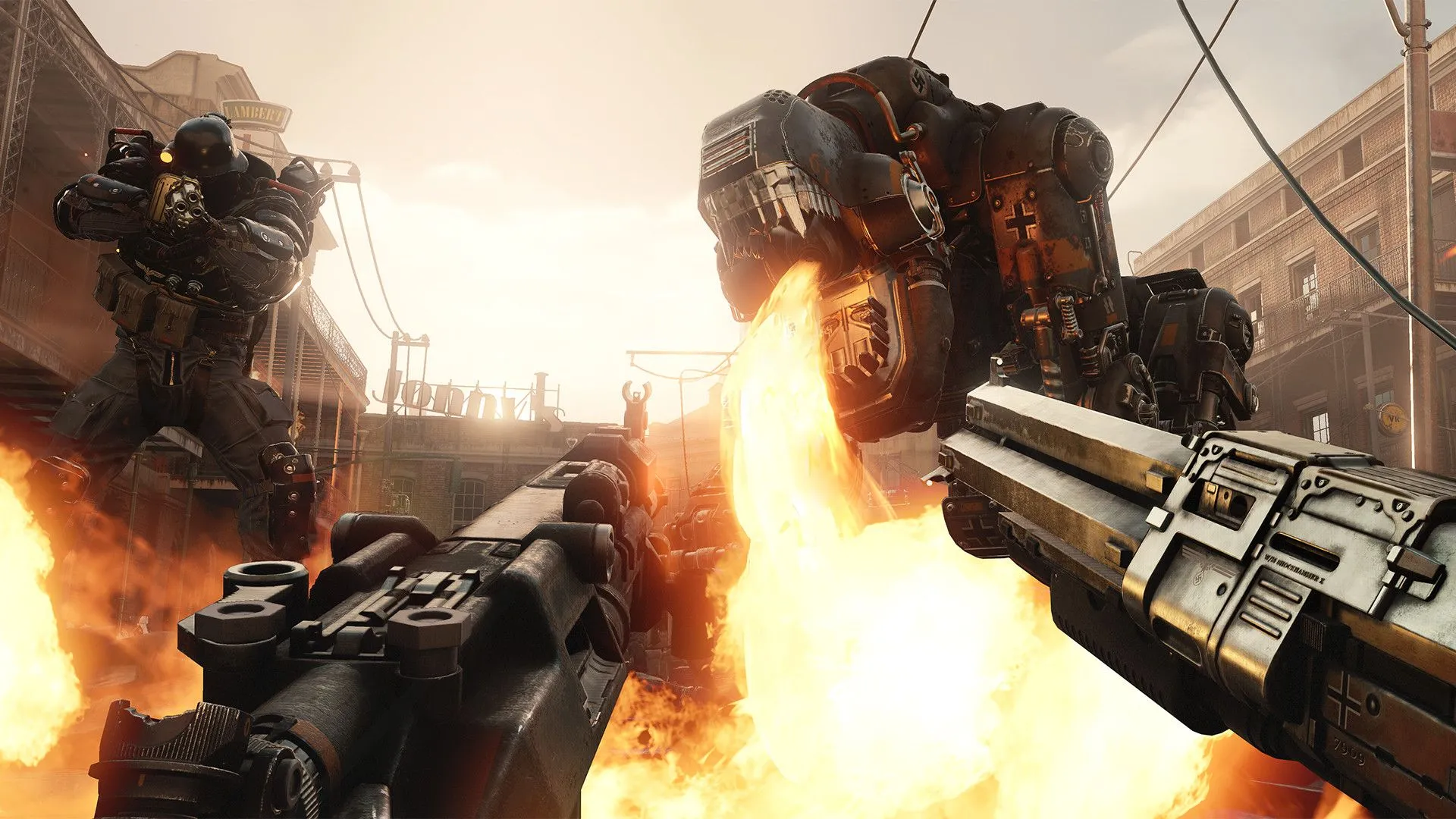 Cảnh chiến đấu căng thẳng trong Wolfenstein II: The New Colossus, minh họa độ khó Mein Leben.
