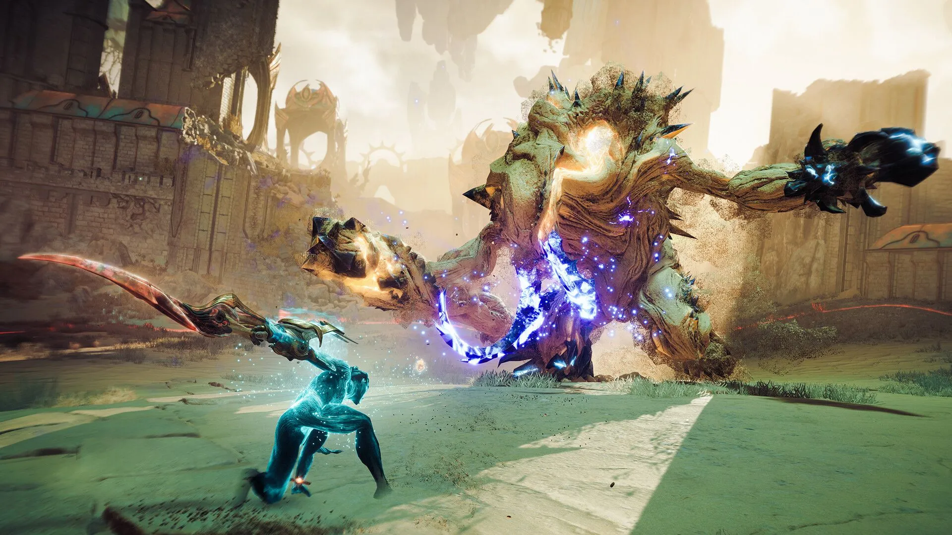 Cảnh chiến đấu hoành tráng trong game hành động Atlas Fallen, một ví dụ về game AA.