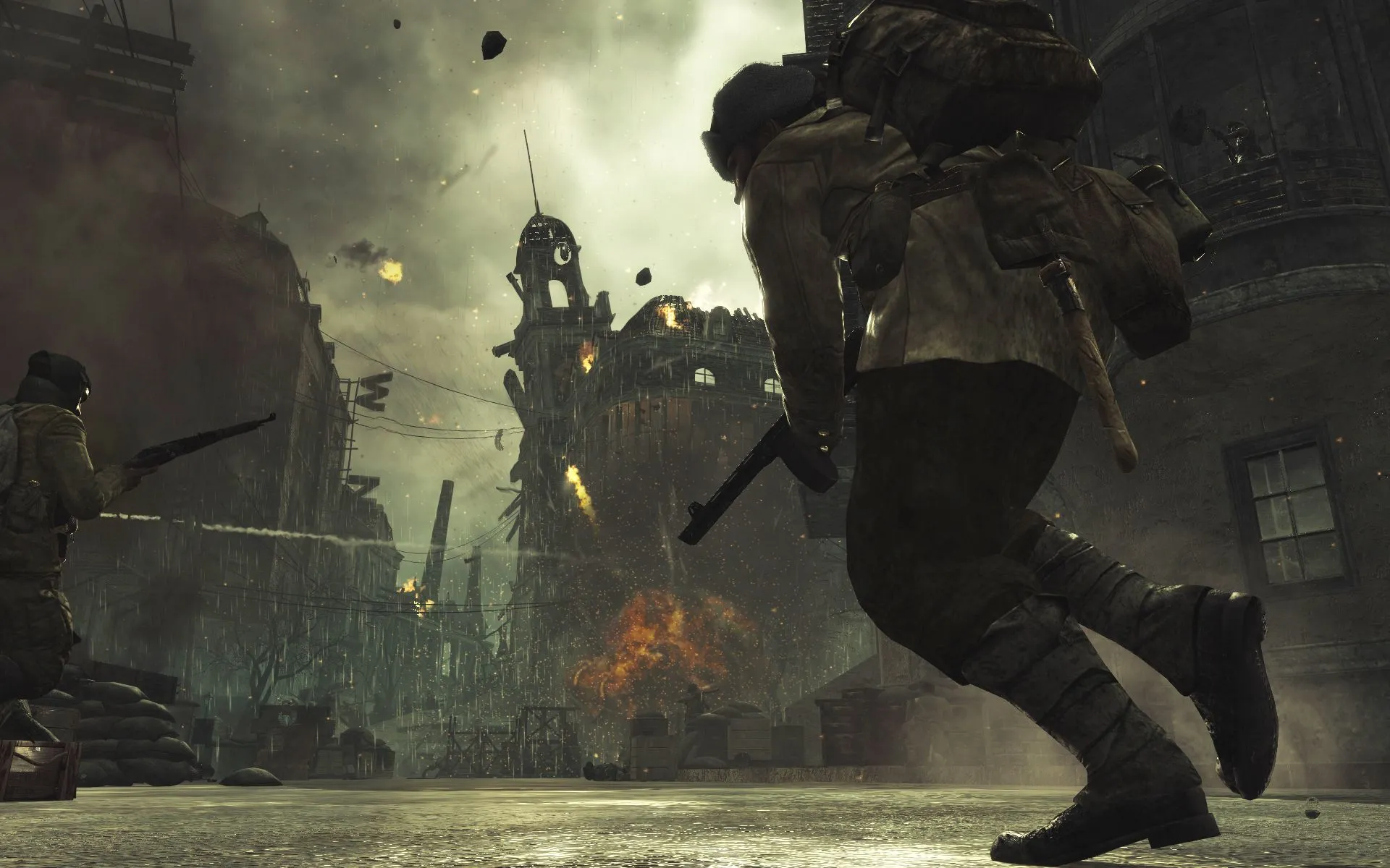 Cảnh chiến trường khốc liệt trong Call of Duty: World at War, minh họa độ khó Veteran đầy thử thách.