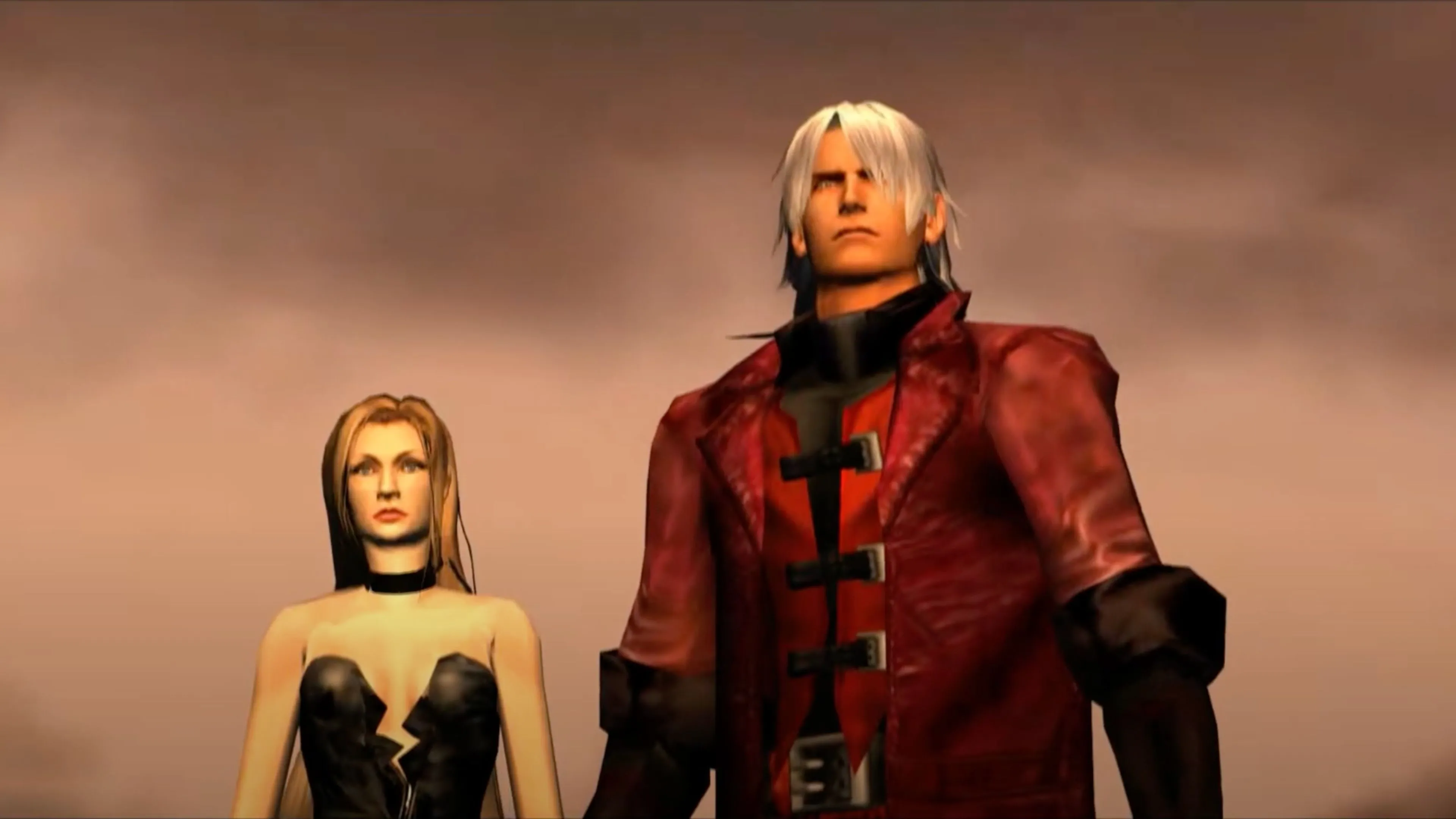 Cảnh Dante đối mặt với quỷ trong Devil May Cry, thể hiện không khí chiến đấu kịch tính và tăm tối