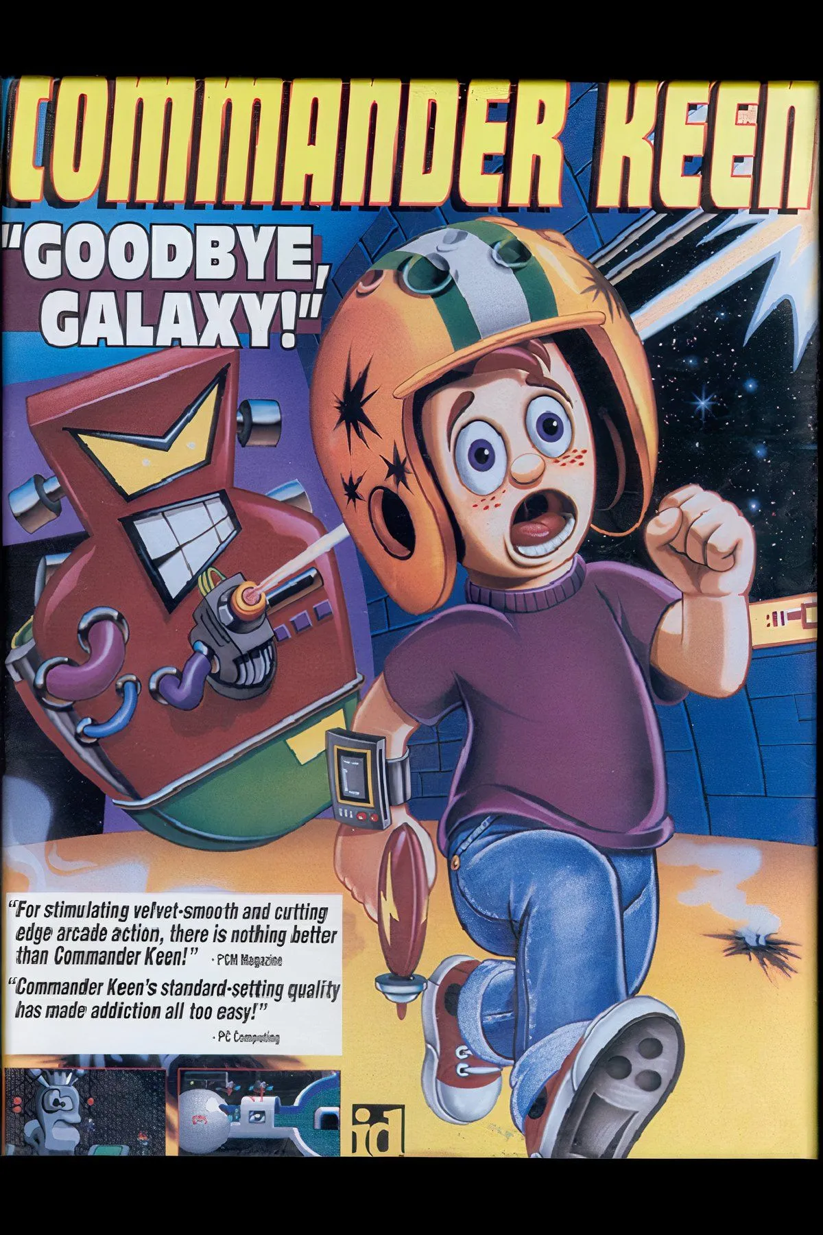 Cảnh game Commander Keen với nhân vật chính và kẻ thù, thể hiện phong cách đồ họa pixel art đặc trưng.