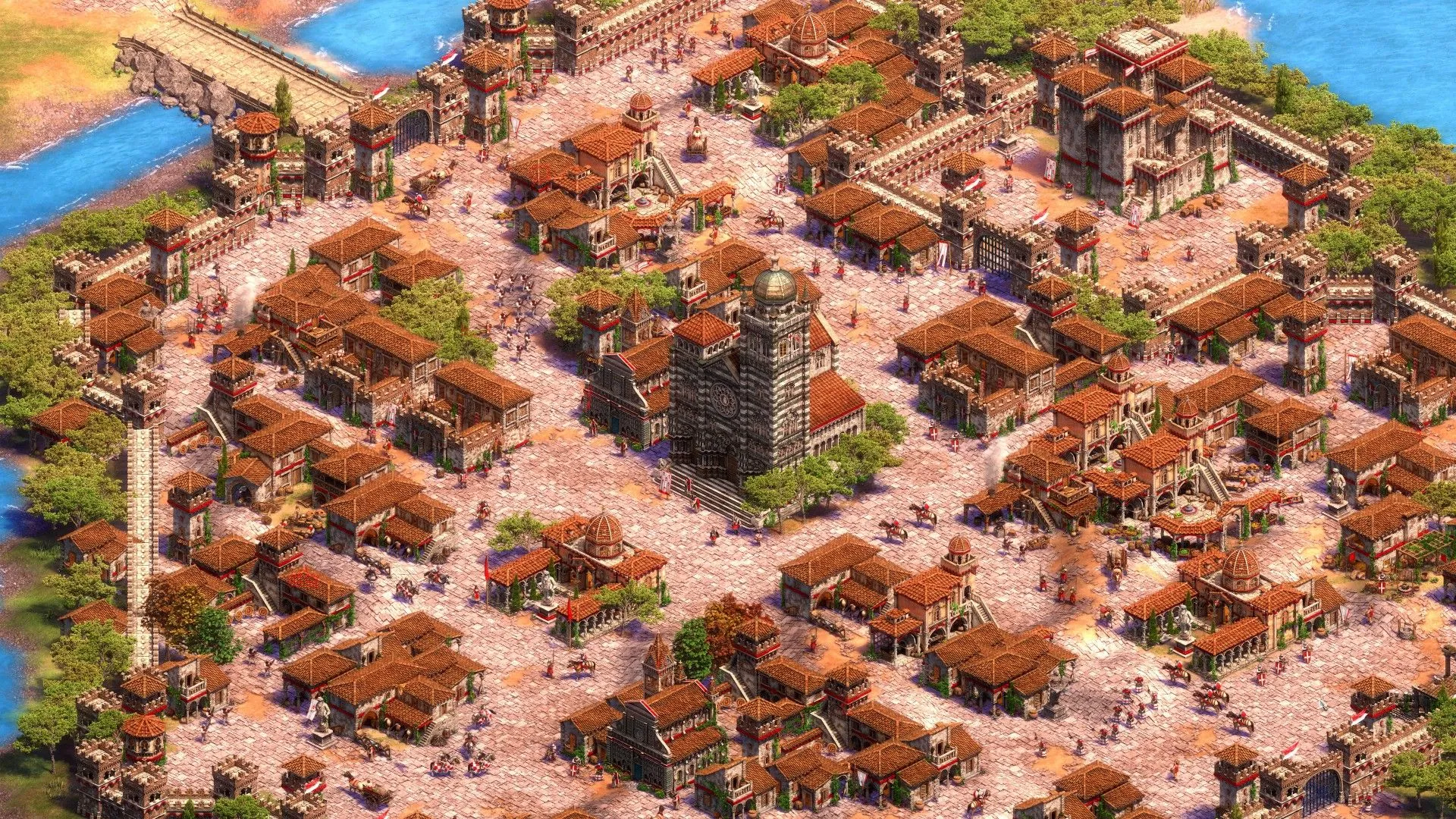 Cảnh quan thành phố sầm uất với dân làng trong Age of Empires II: Definitive Edition