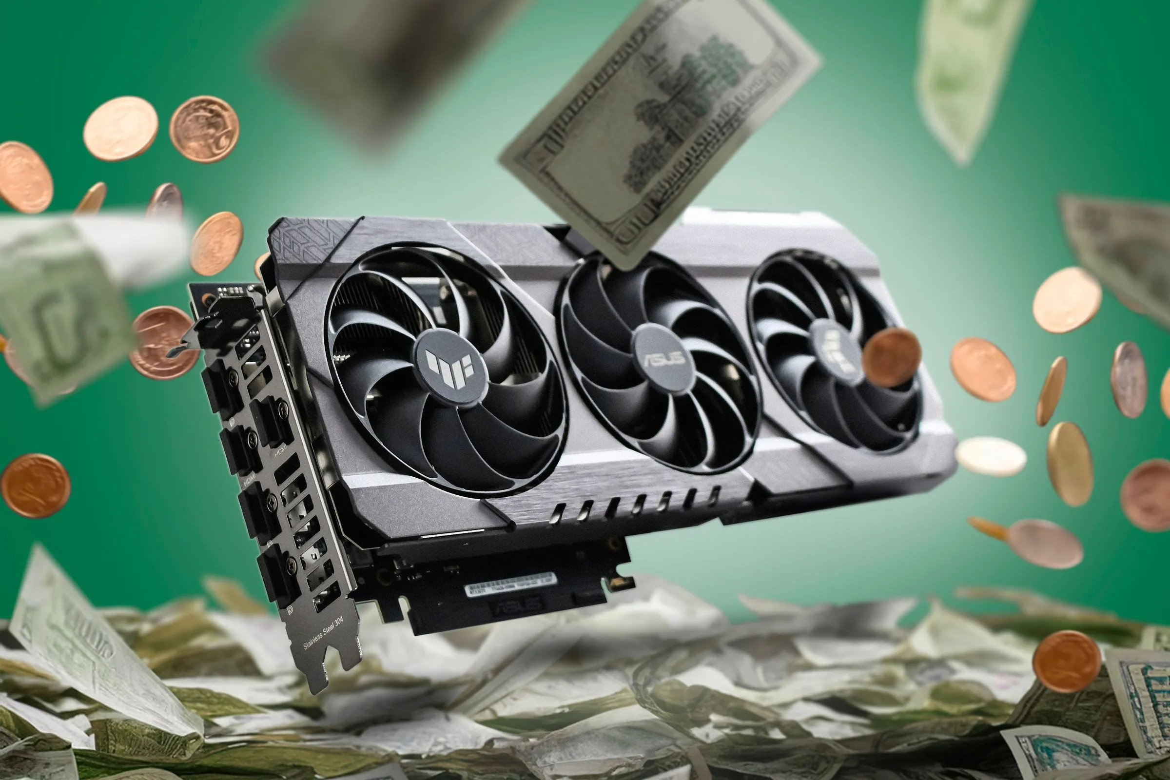 Card đồ họa đặt cạnh nhiều tiền giấy, minh họa chi phí tiết kiệm khi tự lắp PC.