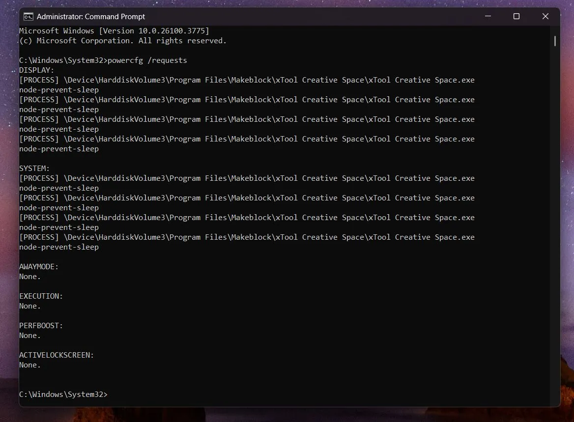 Chạy lệnh powercfg /requests trong cửa sổ Command Prompt để xem các yêu cầu giữ màn hình hoạt động.