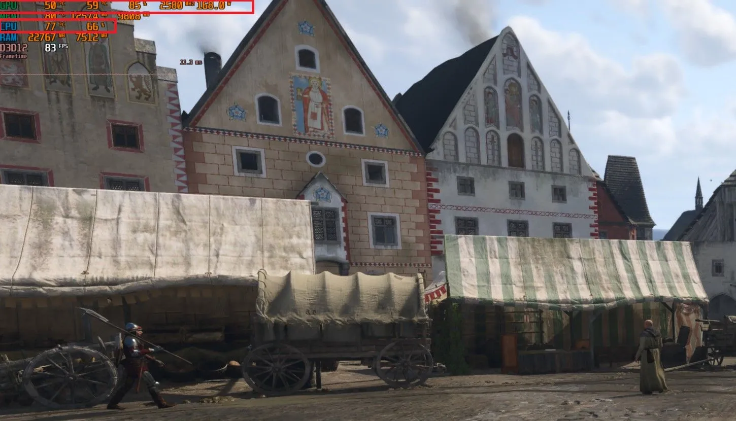 Chỉ số hiệu năng trong Kingdom Come Deliverance II với CPU AMD Ryzen 5600X, GPU sử dụng 85% cho thấy nghẽn cổ chai CPU.
