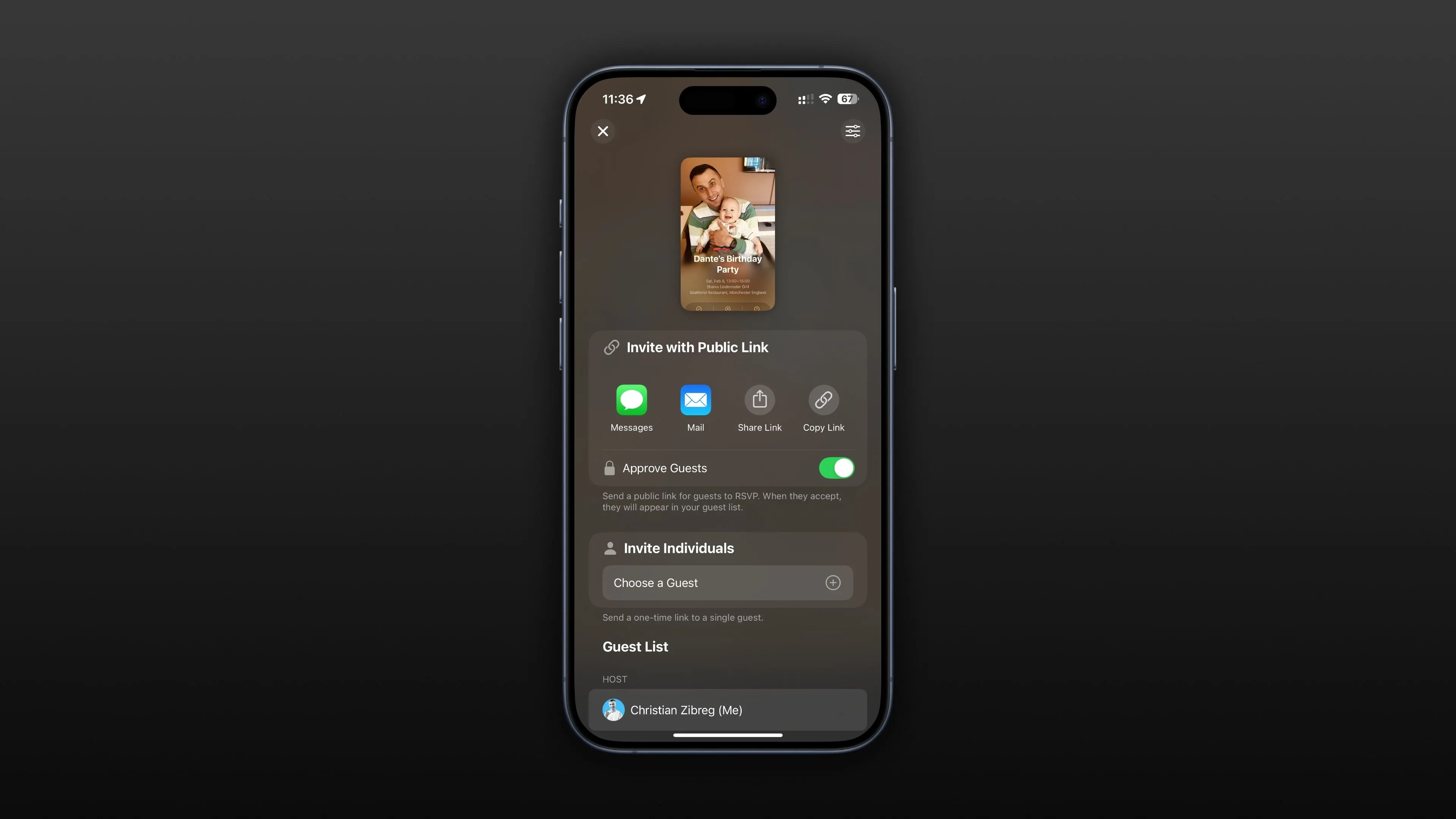 Chia sẻ liên kết công khai đến sự kiện tiệc sinh nhật trong ứng dụng Apple Invites trên iPhone, giúp mời khách dễ dàng.