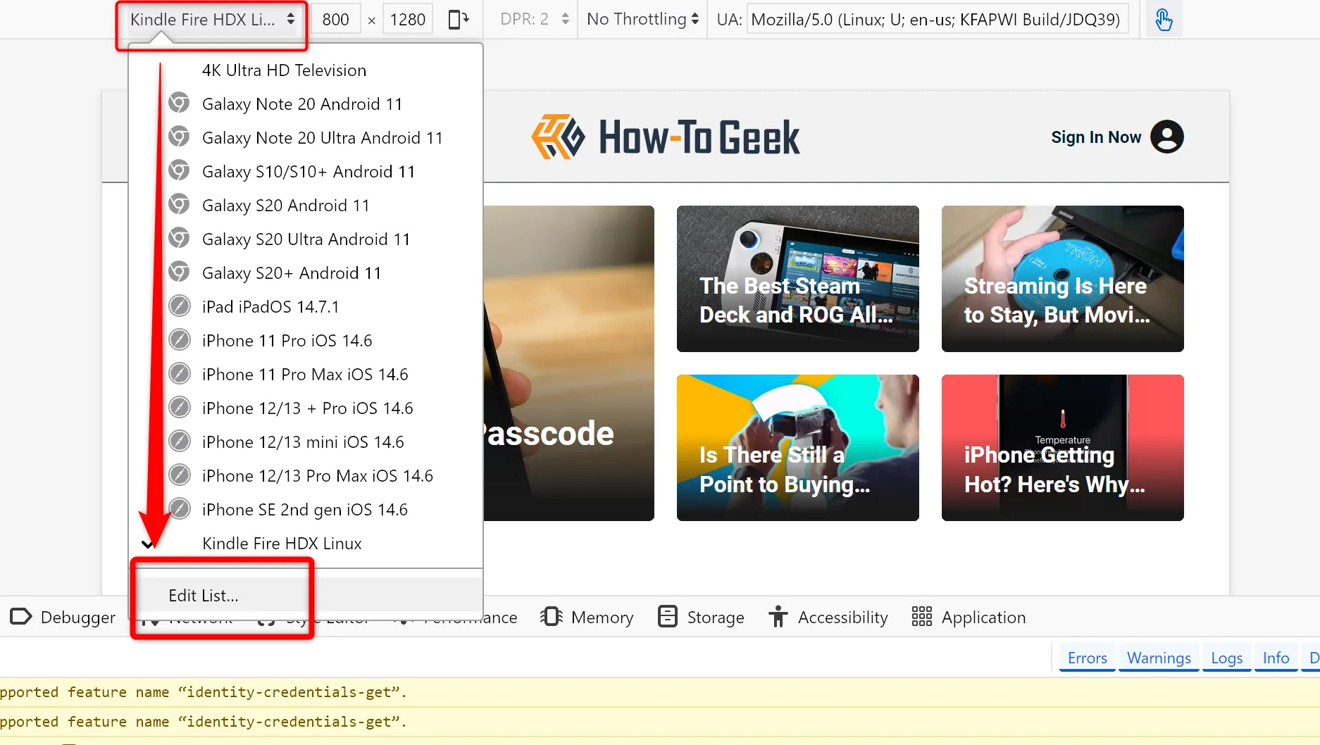Chỉnh sửa mô phỏng thiết bị trong công cụ nhà phát triển Firefox