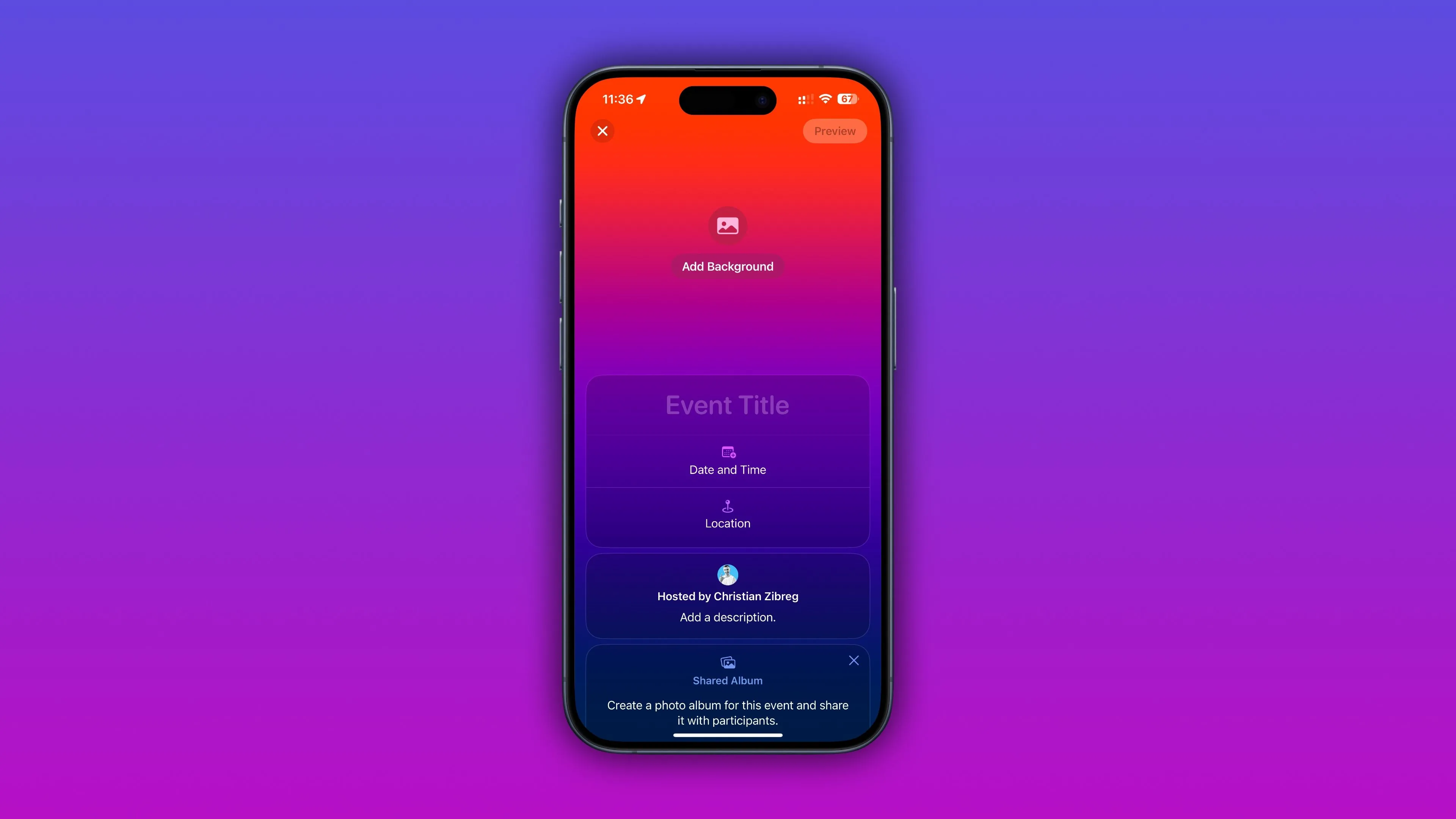Chỉnh sửa một thiệp mời sự kiện trống trong ứng dụng Apple Invites trên iPhone, cho thấy các tùy chọn mẫu thiết kế đẹp mắt.