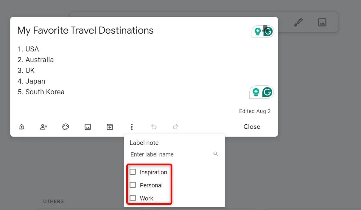 Chọn nhãn hiện có để gán cho ghi chú trong Google Keep