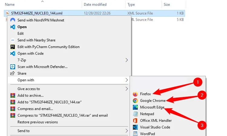 Chọn trình duyệt Google Chrome để mở file XML từ menu chuột phải.