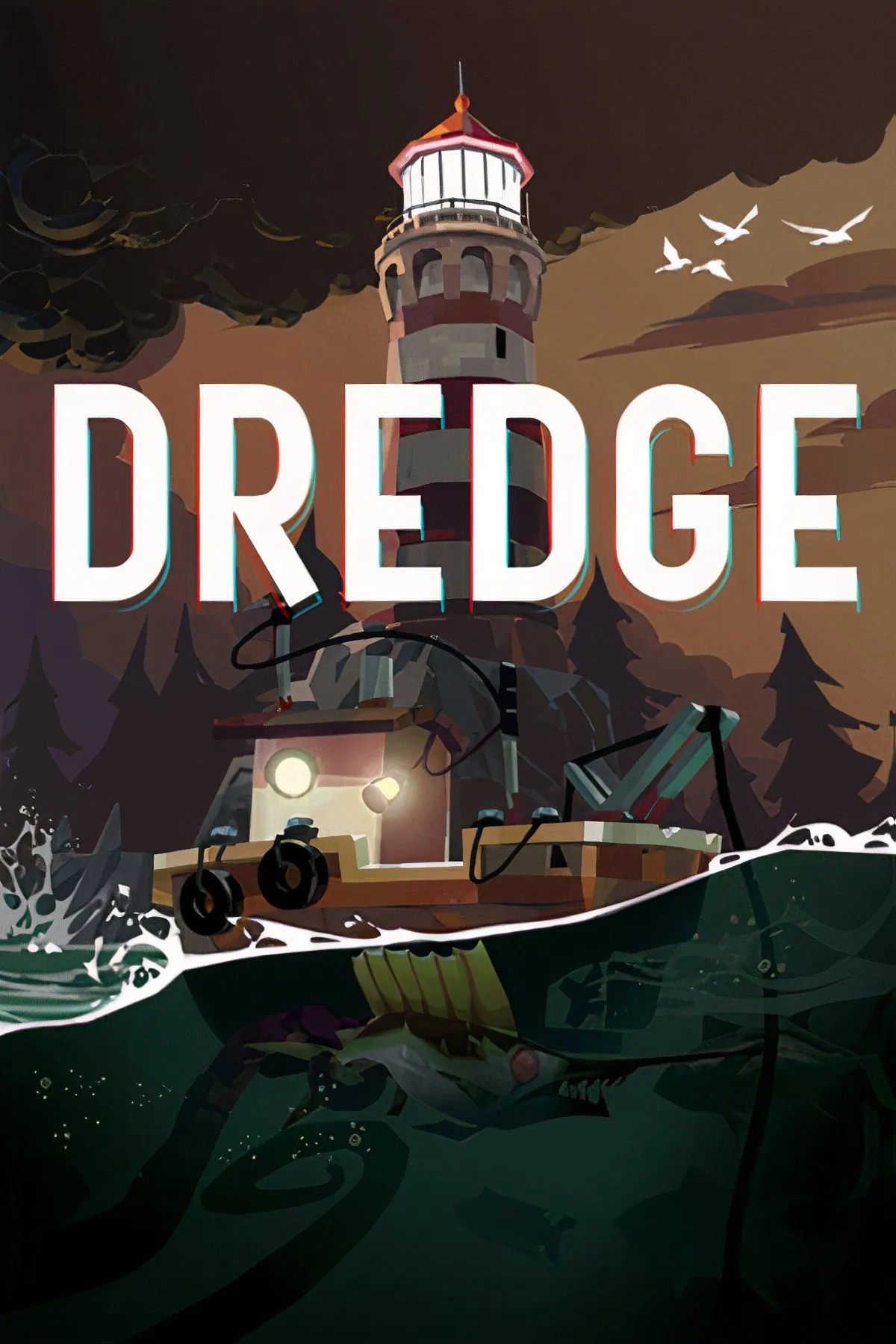 Con tàu cá nhỏ của người chơi lênh đênh trên biển đầy sương mù trong game Dredge, một bản demo kinh dị trên Switch