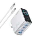 Củ sạc Anker 140W màu bạc với màn hình hiển thị thông tin sạc trên nền trắng