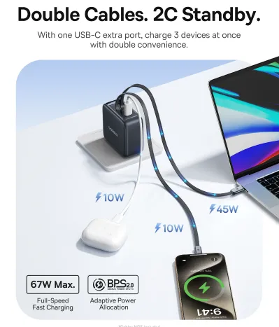 Củ sạc Baseus EnerCore CJ11 sạc đồng thời nhiều thiết bị, bao gồm laptop và điện thoại thông minh.