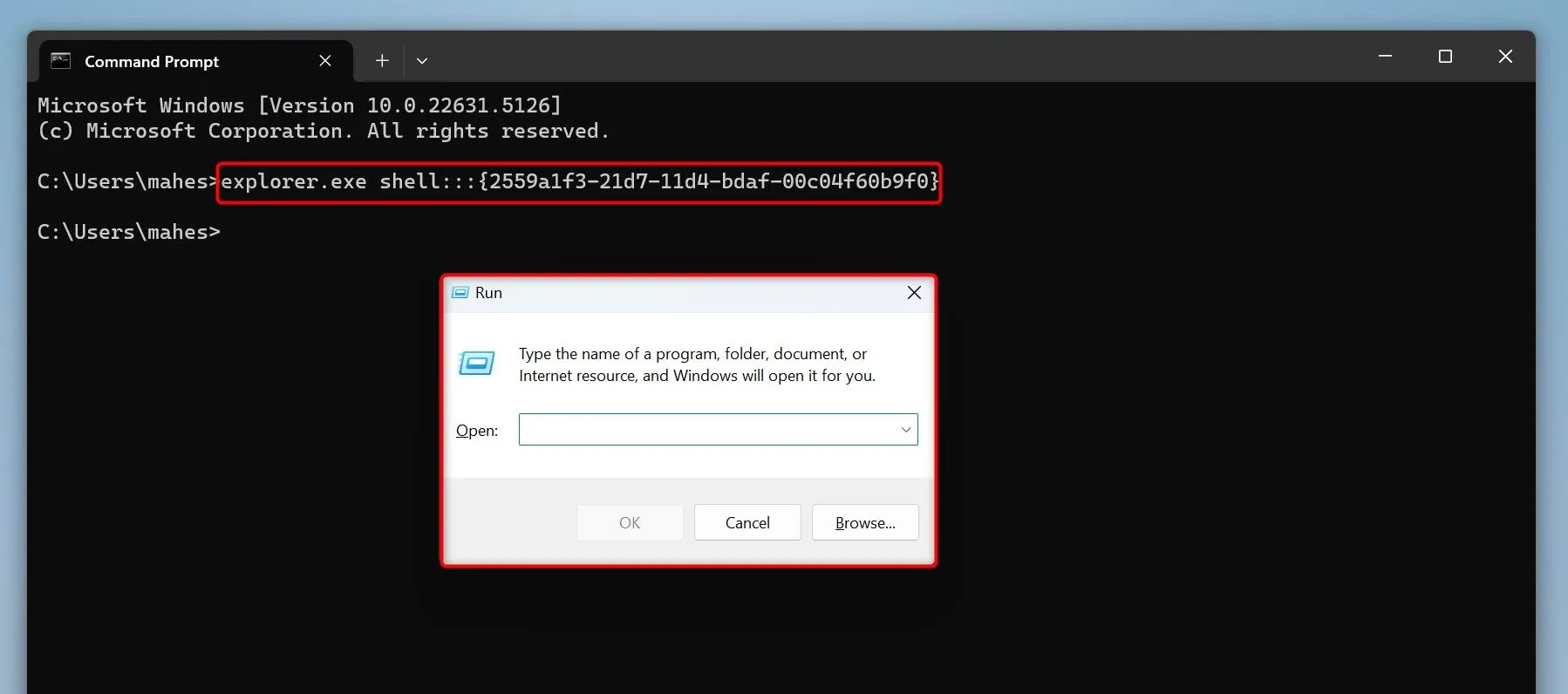 Cửa sổ Command Prompt (CMD) hiển thị lệnh `explorer.exe shell:::{2559a1f3-21d7-11d4-bdaf-00c04f60b9f0}` để khởi chạy Run.