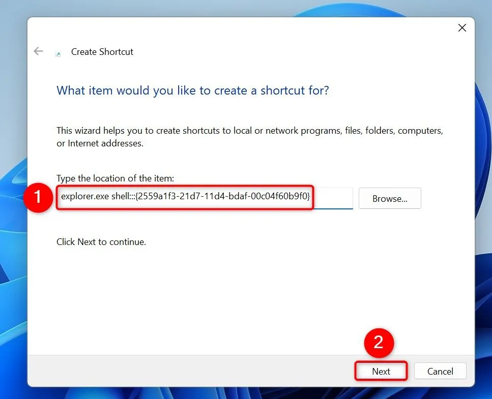 Cửa sổ &quot;Create Shortcut&quot; (Tạo lối tắt) hiển thị đường dẫn GUID để mở hộp thoại Run.