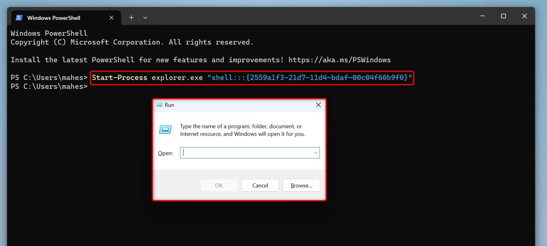 Cửa sổ PowerShell hiển thị cmdlet `Start-Process explorer.exe &quot;shell:::{2559a1f3-21d7-11d4-bdaf-00c04f60b9f0}&quot;` để mở Run.