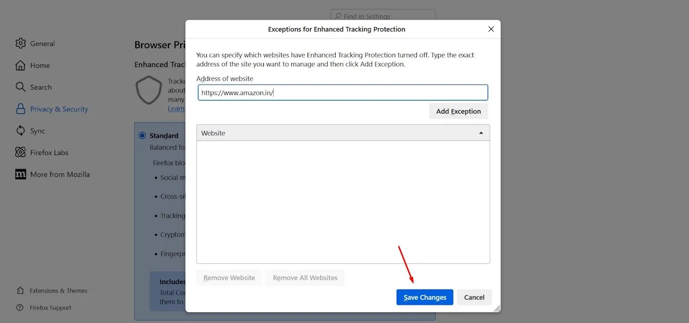 Cửa sổ quản lý ngoại lệ trong cài đặt bảo mật của Firefox