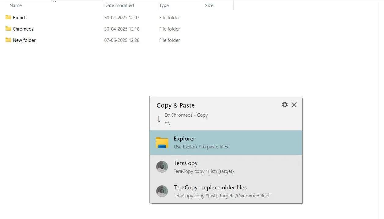 Cửa sổ xác nhận chuyển file của TeraCopy hiển thị tùy chọn Copy, Move, hoặc Cancel để tránh lỗi kéo thả