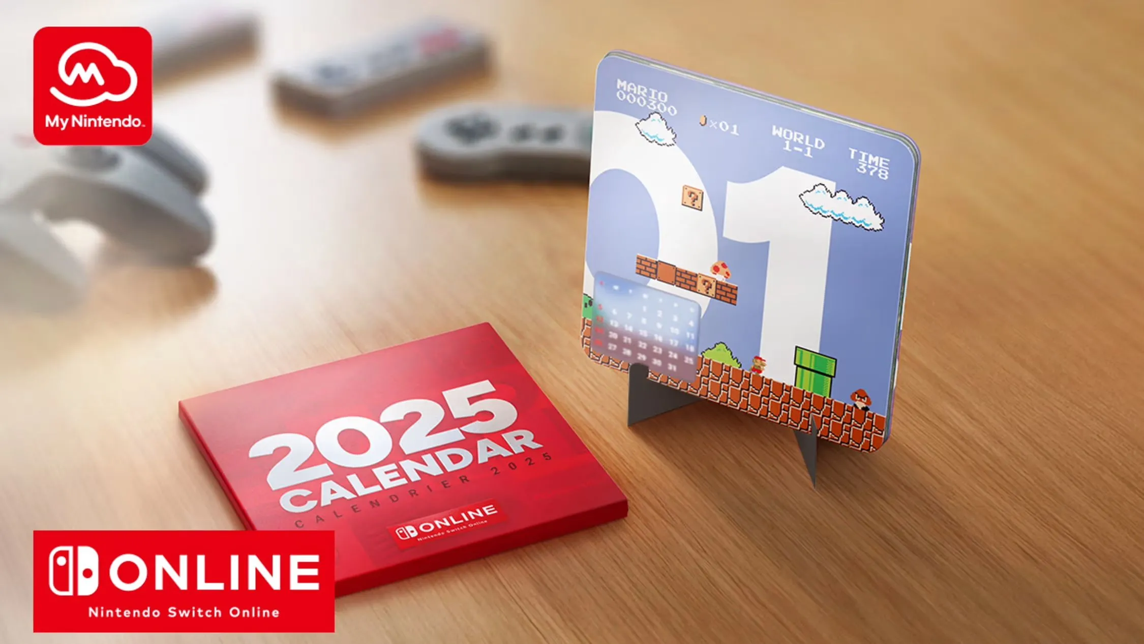 Cuốn lịch My Nintendo 2025 phiên bản độc quyền dành cho thành viên Nintendo Switch Online được đặt trên bàn.