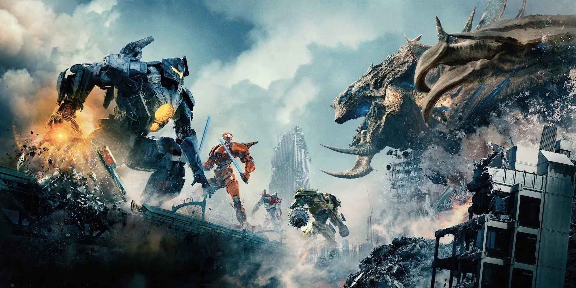Dàn Jaeger oai vệ đứng giữa thành phố trong Pacific Rim Uprising, thể hiện quy mô và sức mạnh của những cỗ máy phòng thủ khổng lồ.