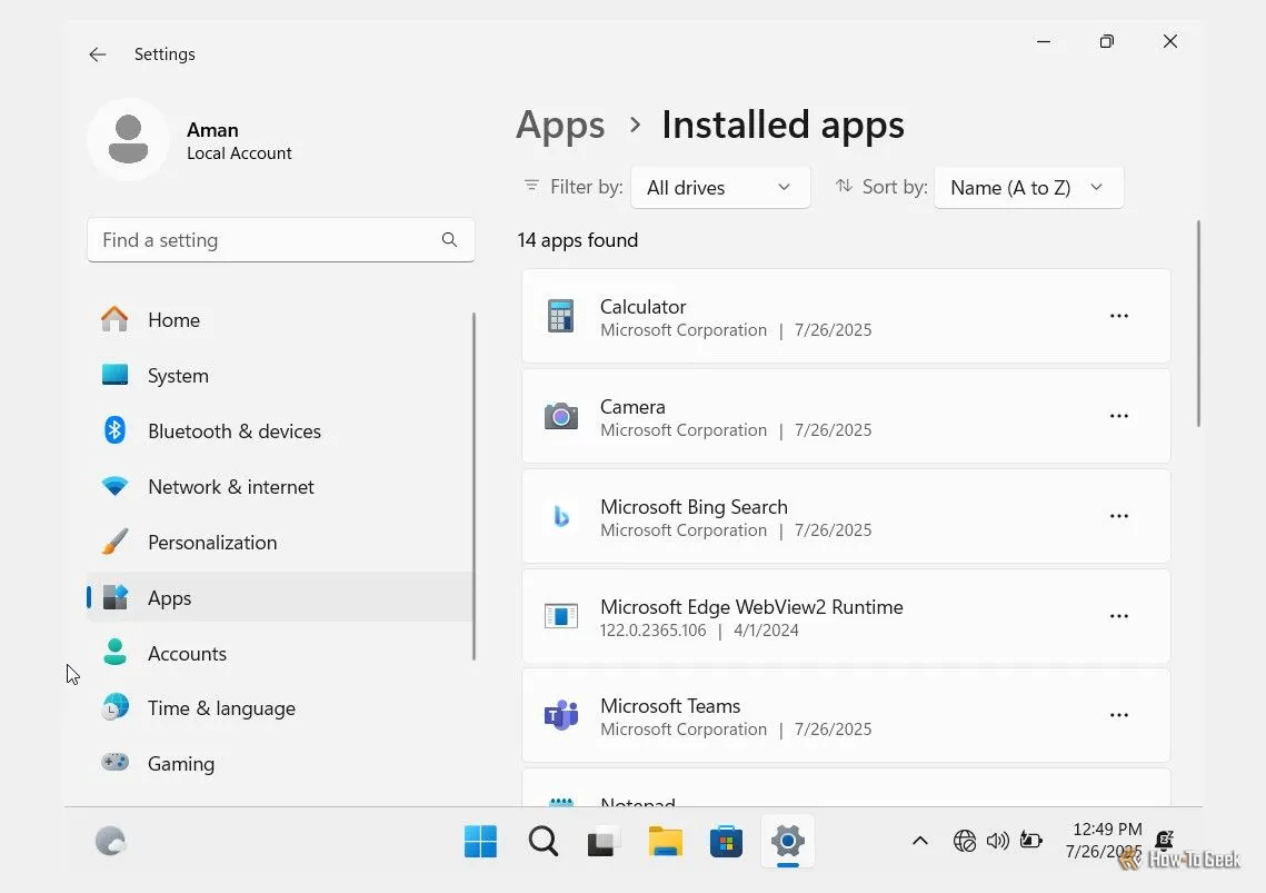 Danh sách các ứng dụng được cài đặt trên máy ảo sau khi cài đặt Windows 11 Tiny11, hiển thị số lượng tối thiểu.