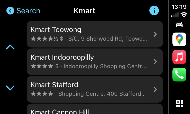Danh sách kết quả tìm kiếm Kmart hiển thị trên Google Maps CarPlay