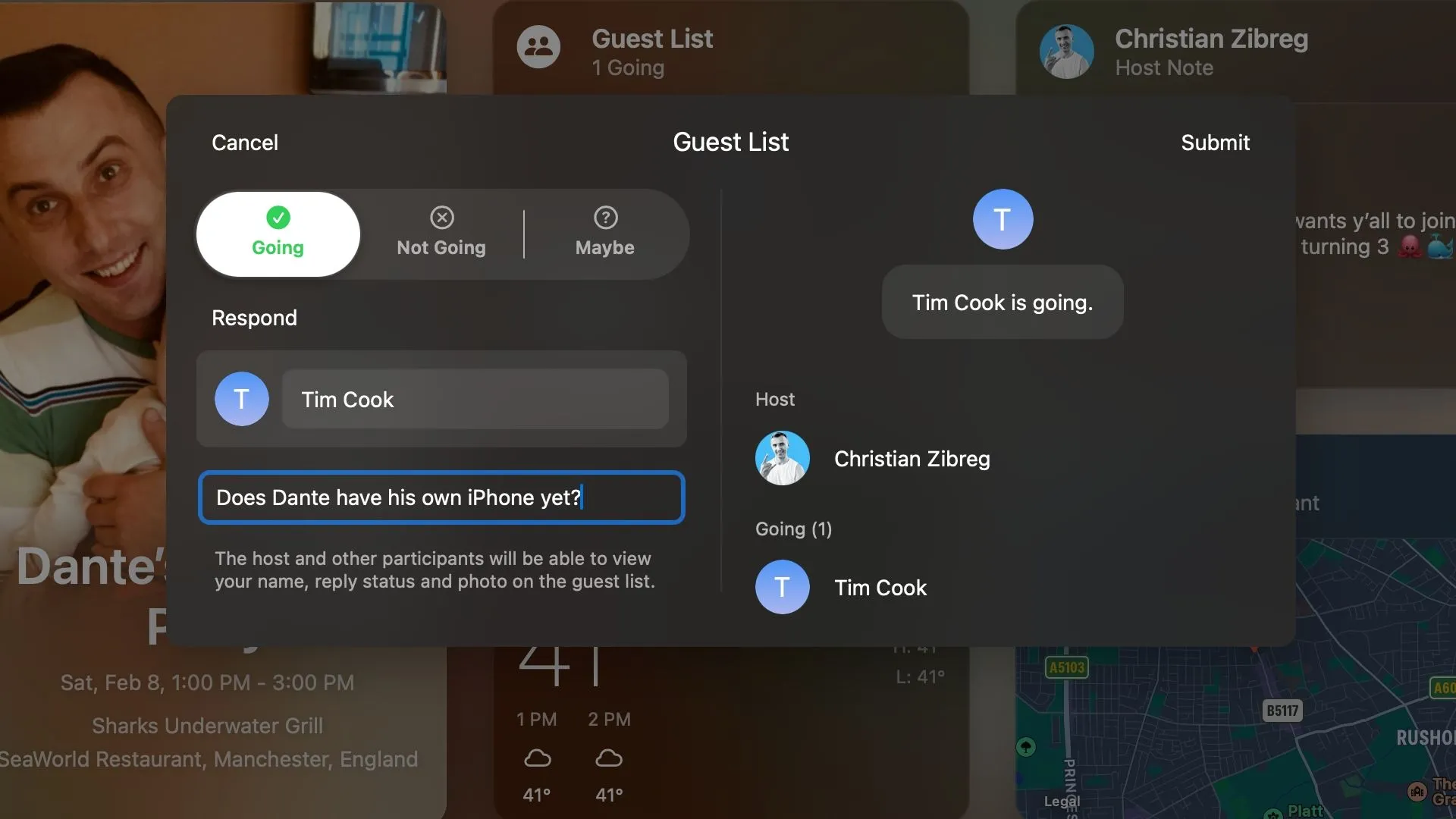 Danh sách khách mời sự kiện trong ứng dụng web Apple Invites, minh họa khả năng quản lý thông tin khách mời và quyền riêng tư.