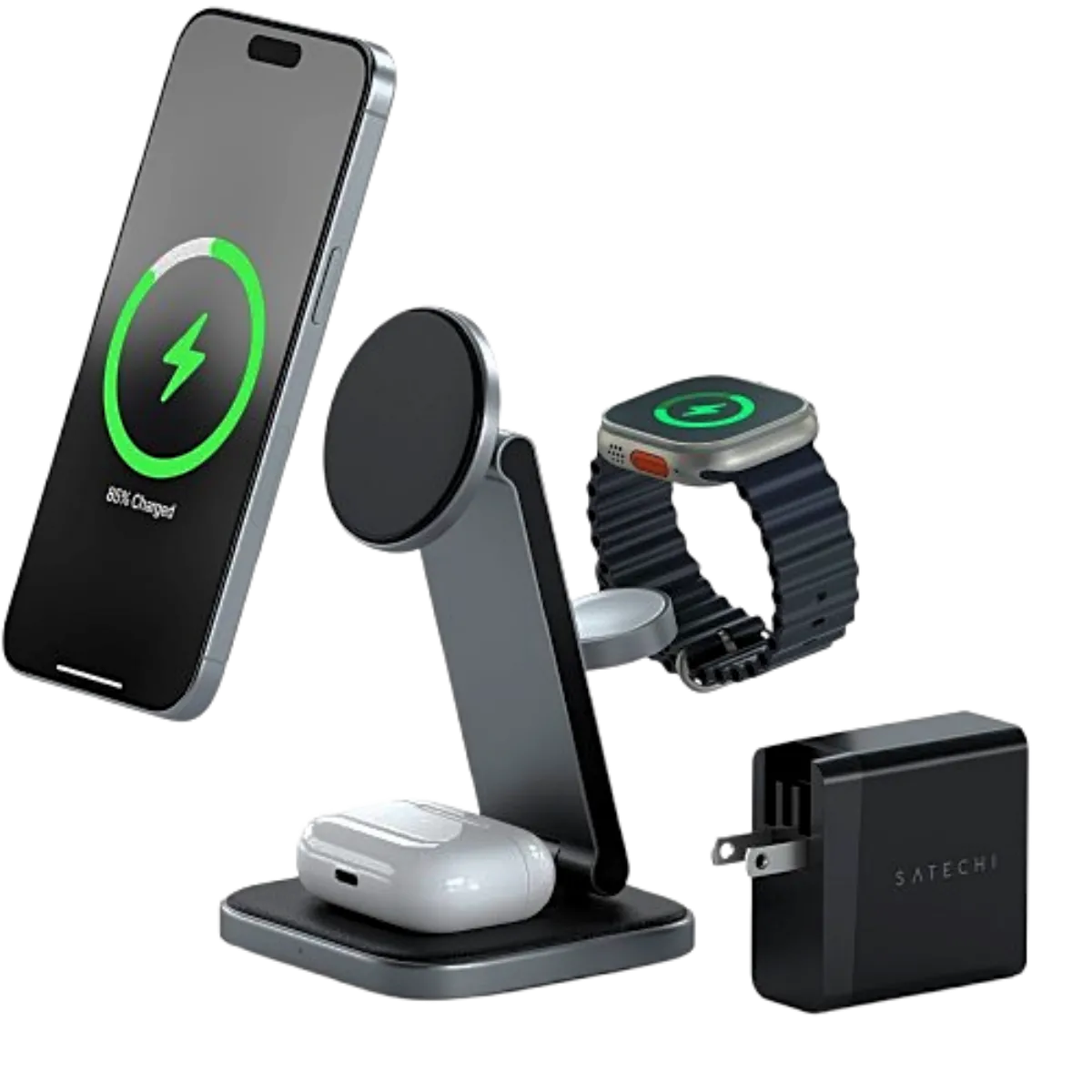 Đế sạc không dây Satechi 3 trong 1 Foldable Qi2 Wireless Charging Stand