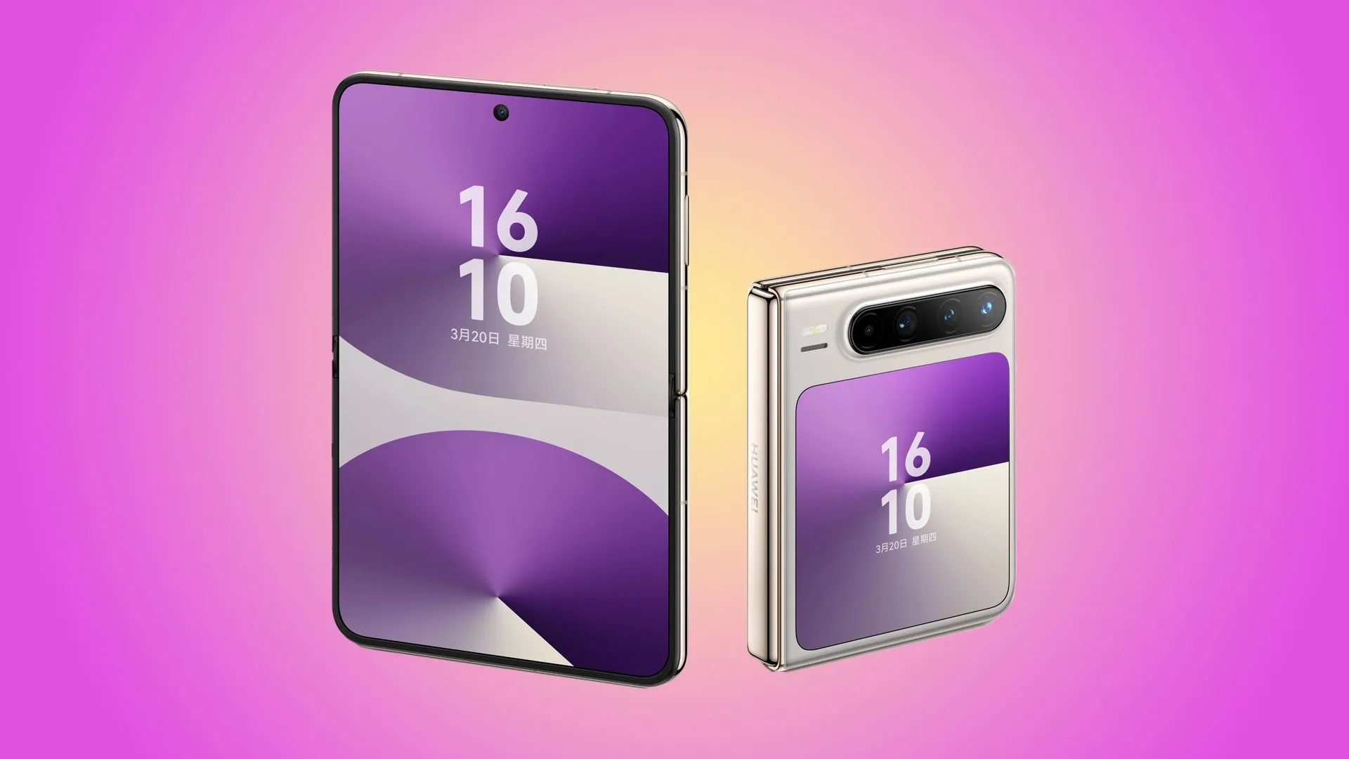 Điện thoại gập Huawei Pura X màu trắng ngà với màn hình phụ hình tròn hiển thị đồng hồ và biểu tượng thông báo