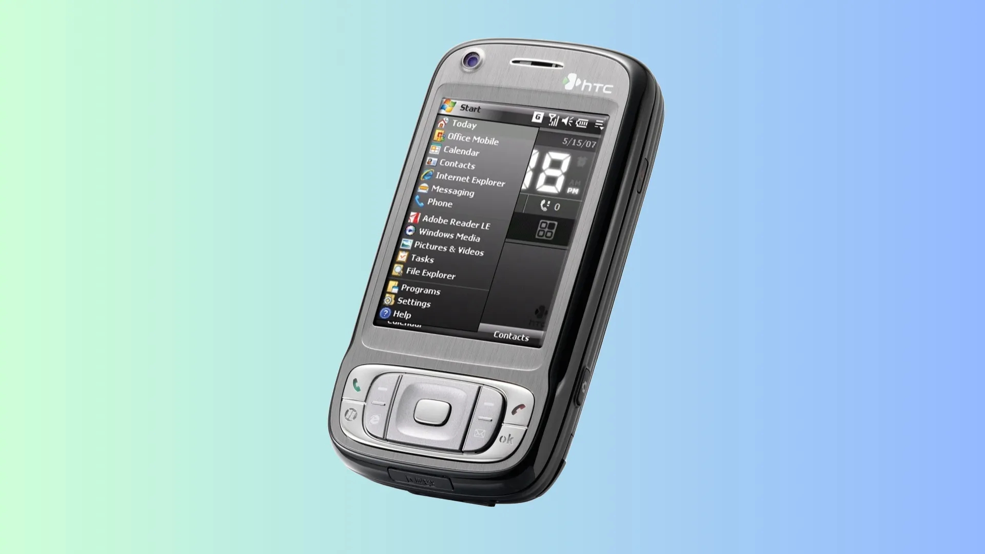 Điện thoại HTC TyTN II với bàn phím QWERTY trượt nghiêng và màn hình lớn trên nền xanh