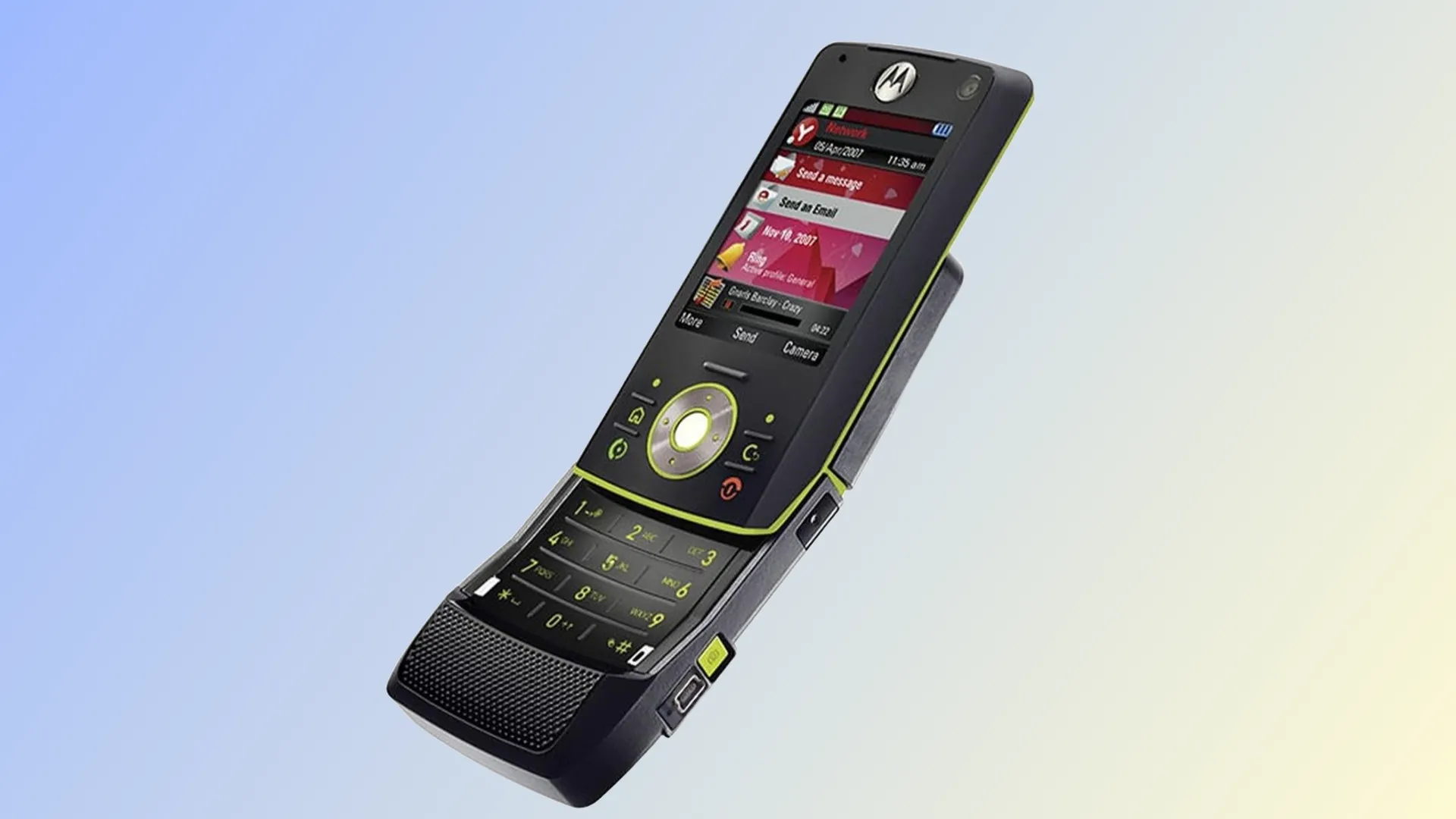 Điện thoại Motorola Rizr Z8 với thiết kế trượt cong độc đáo trên nền xanh lam