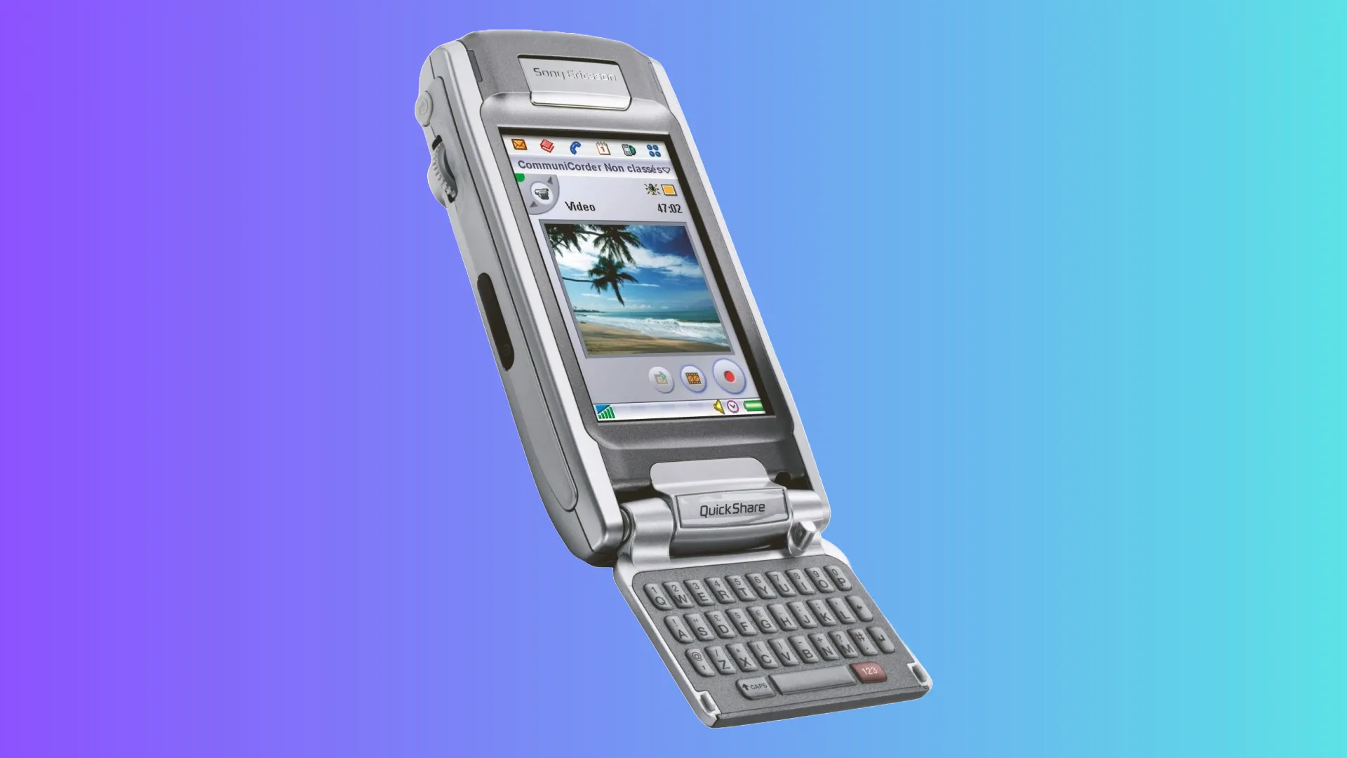 Điện thoại Sony Ericsson P910 với bàn phím QWERTY đầy đủ và màn hình cảm ứng trên nền tím xanh