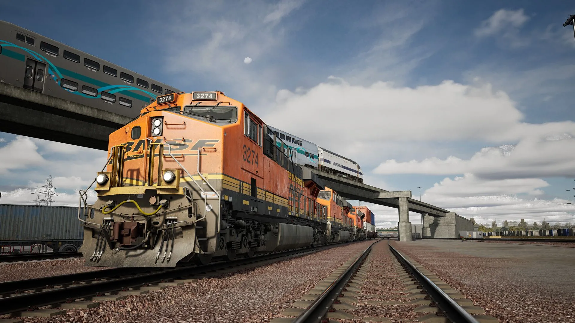 Đoàn tàu hiện đại chạy qua cảnh quan thành phố trong Train Sim World 5, mô tả trải nghiệm mô phỏng đường sắt thực tế