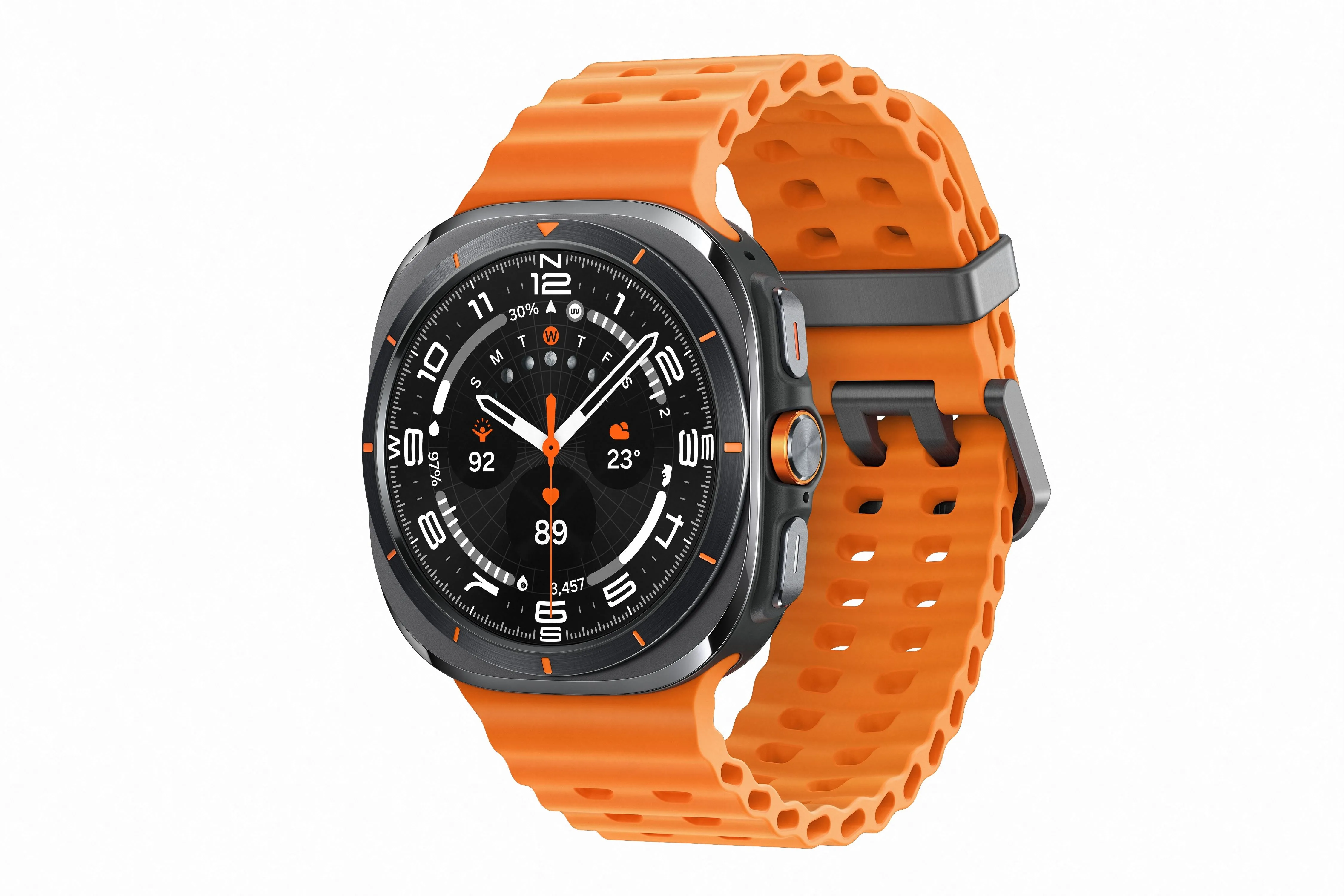 Đồng hồ thông minh Samsung Galaxy Watch Ultra 47mm màu trắng trên nền đen, hiển thị giao diện chính.