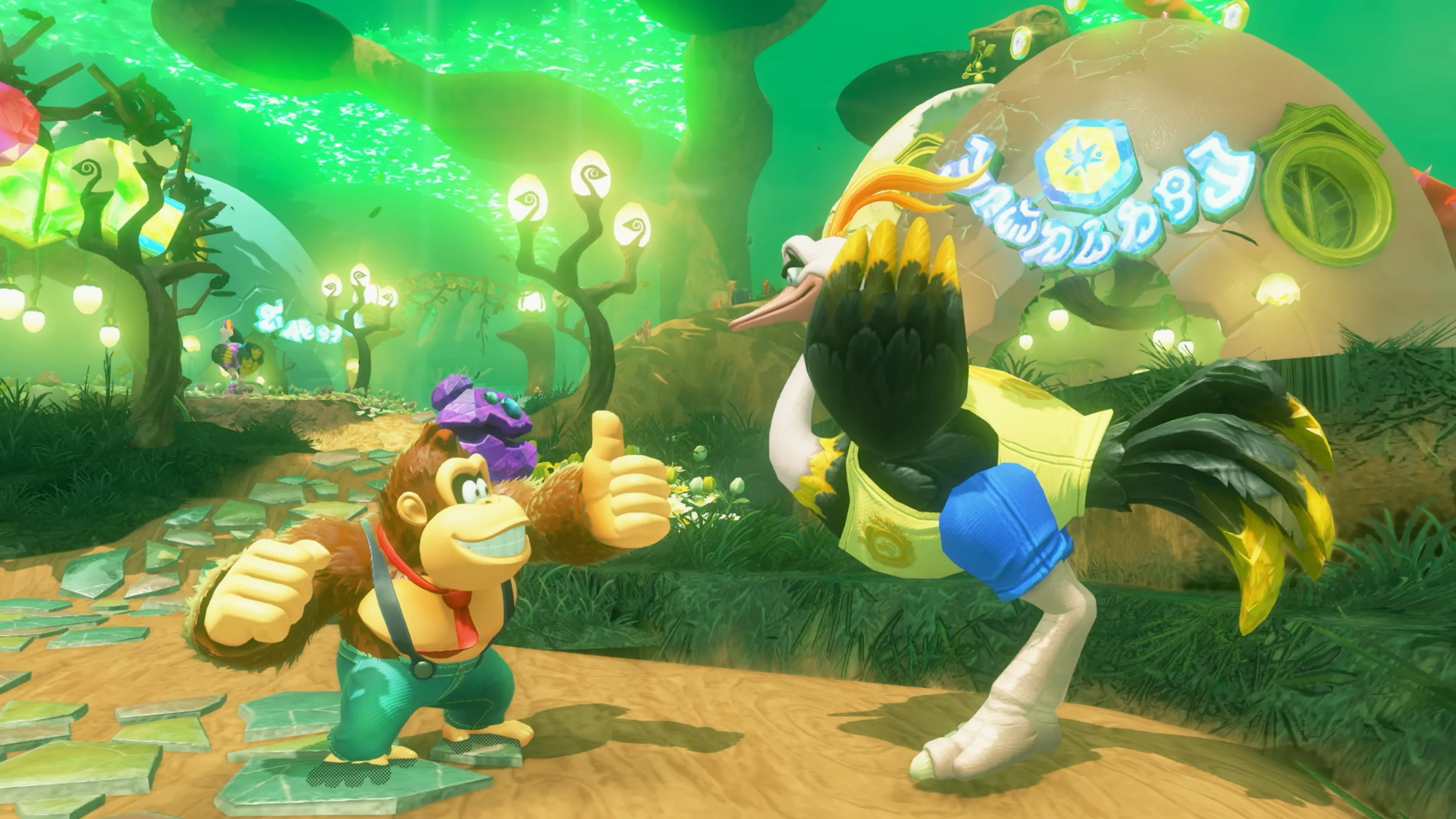 Donkey Kong giơ ngón cái chào đà điểu trong game Donkey Kong Bananza, minh họa dự đoán đúng về game mới.