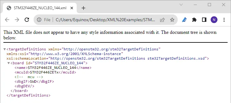 File XML hiển thị cấu trúc dữ liệu rõ ràng khi mở bằng trình duyệt Google Chrome.