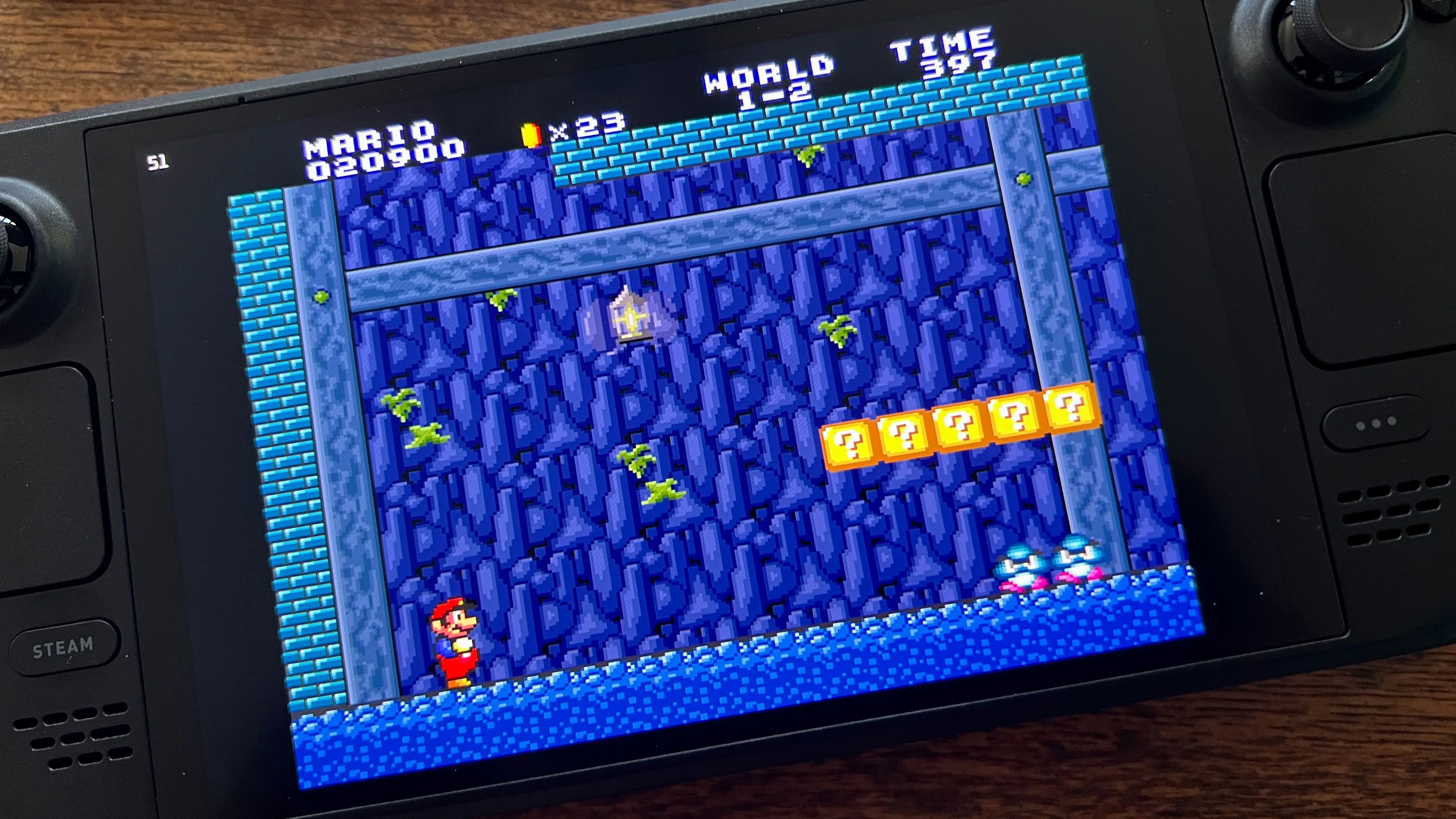 Game Super Mario All-Stars đang chạy trên Steam Deck, minh họa khả năng chơi các tựa game cổ điển ít tốn pin.