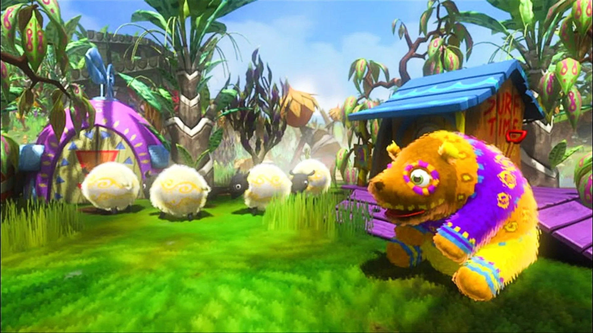 Gấu và cừu Piñata ngồi trên cánh đồng cỏ xanh gần ngôi nhà thú cưng trong Viva Piñata