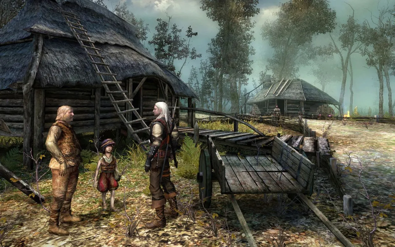 Geralt chiến đấu với quái vật trong cảnh game The Witcher, thể hiện sự căng thẳng của thế giới hoang dã