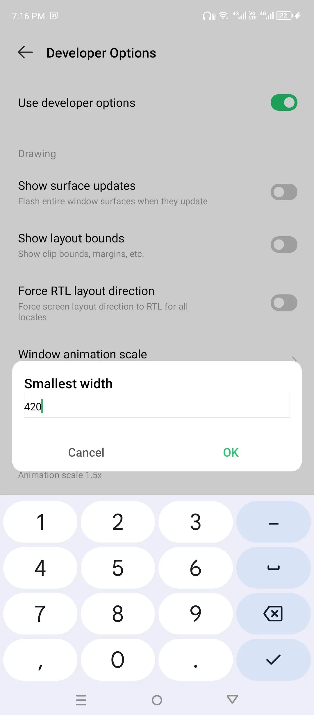 Giả lập mật độ màn hình và chiều rộng tối thiểu (DPI) trong cài đặt Android.
