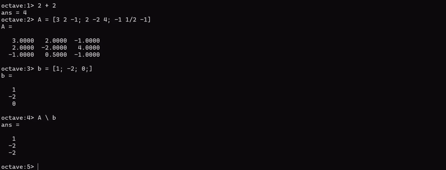 Giải hệ phương trình tuyến tính sử dụng GNU Octave trong môi trường terminal.
