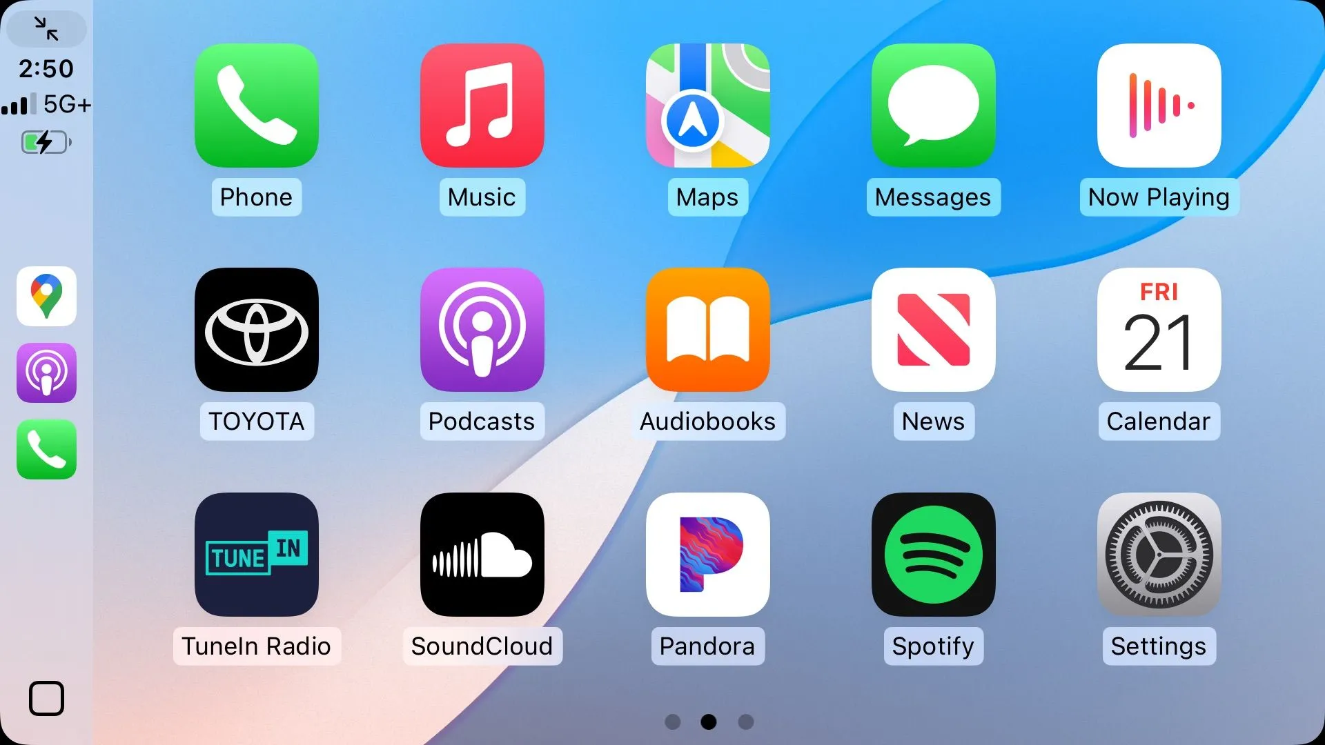 Giao diện Apple CarPlay hiển thị ba hàng biểu tượng ứng dụng tiện ích
